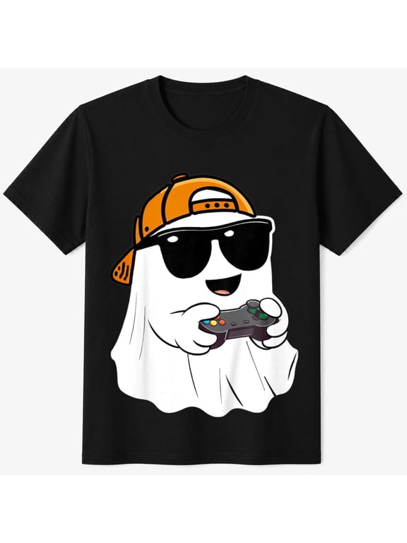 Boys Halloween Shirt with Gamer Ghost Controller Graphic, Funny Gaming Kids T-Shirt