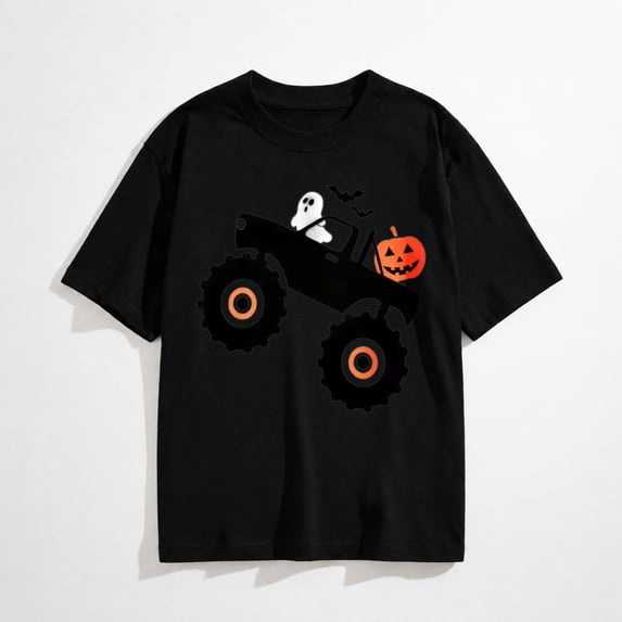 Boys Halloween Shirt with Ghost Monster Truck and Pumpkin Graphic, Short Sleeve
