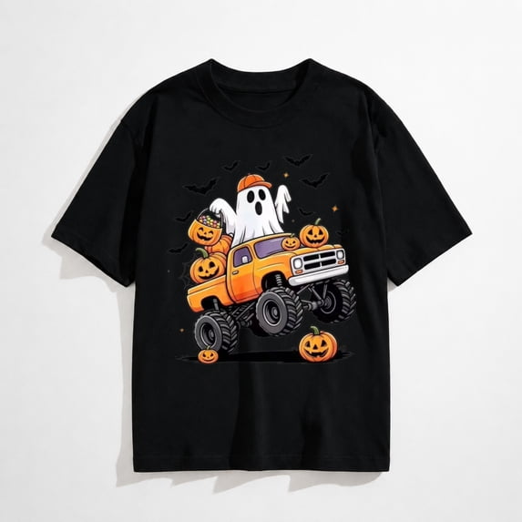 Boys Halloween Shirt with Ghost Truck and Pumpkin Graphic, Short Sleeve