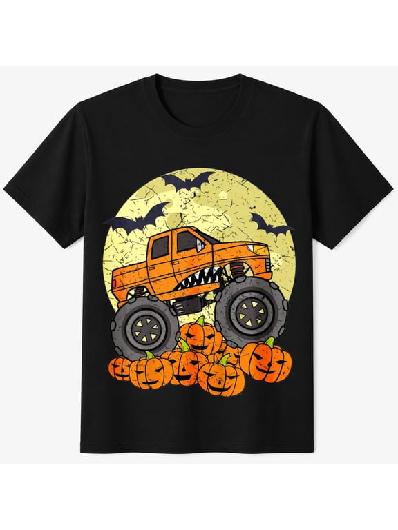Boys Halloween Shirt with Monster Truck Pumpkins Moon Graphic, Spooky Racing Kids T-Shirt