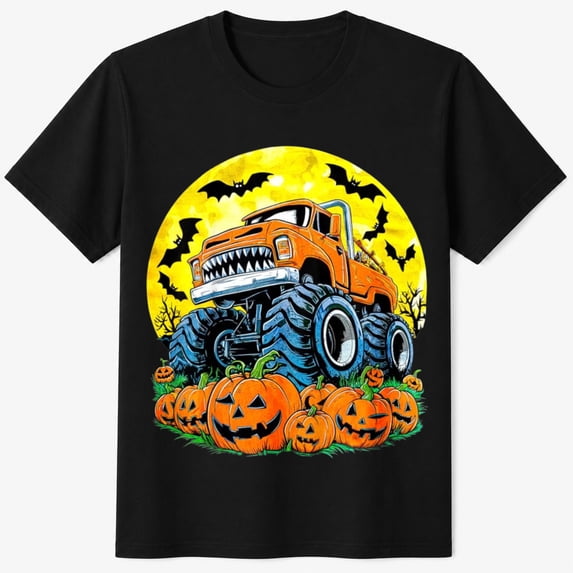 Boys Halloween Shirt with Monster Truck and Pumpkins Graphic, Spooky Racing Kids T-Shirt