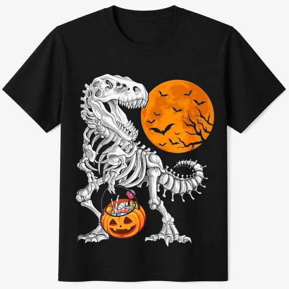 Boys Halloween Shirt with Skeleton Dinosaur Pumpkin Graphic, Spooky Kids T-Shirt