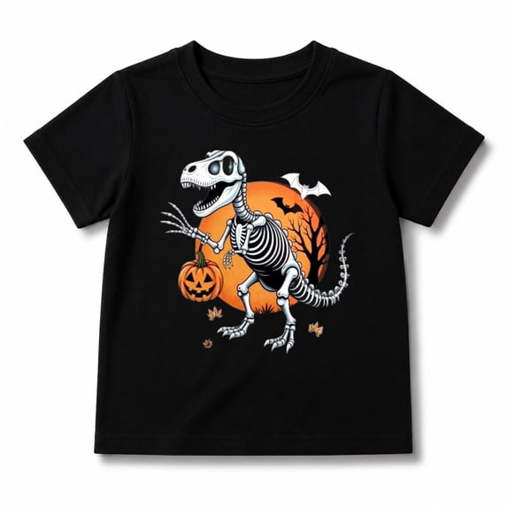 Boys Halloween Shirt with Skeleton Dinosaur and Pumpkin Graphic, Short Sleeve