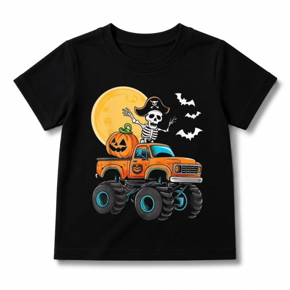 Boys Halloween Shirt with Skeleton Monster Truck Pumpkin and Bat Graphic, Short Sleeve
