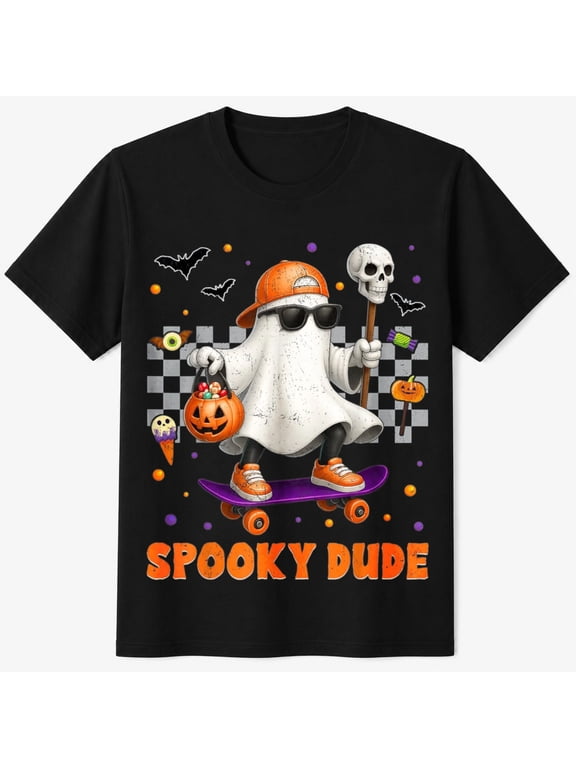 Boys Halloween Shirt with Spooky Dude Ghost Graphic, Funny Pumpkin Season Kids T-Shirt