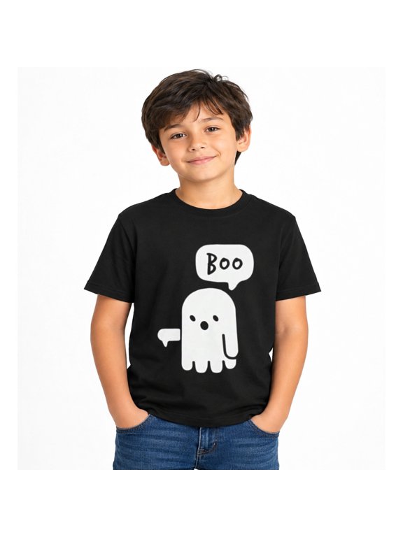 Boys Halloween Simple Ghost Speech Bubble Graphic T-Shirt, Cute Spooky Short Sleeve Shirt for Seasonal Wear