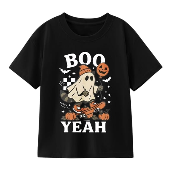 Boys Halloween Skateboarding Ghost with Pumpkin Balloon Graphic T-Shirt, Cute Spooky Short Sleeve Shirt for Seasonal Wear