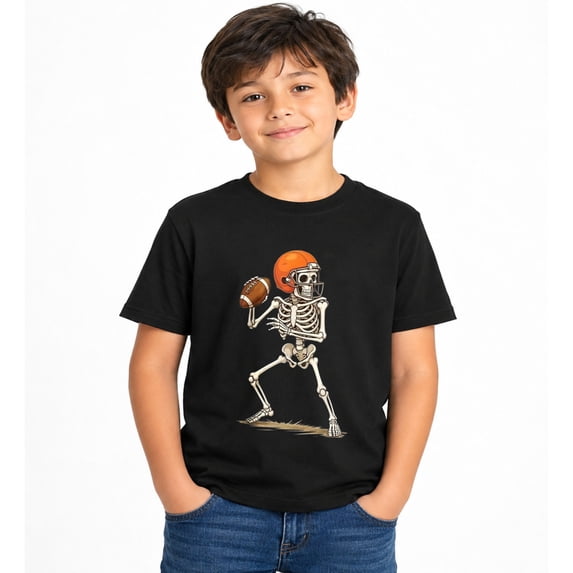 Boys Halloween Skeleton Football Player Graphic T-Shirt, Cute Spooky Short Sleeve Shirt for Seasonal Wear