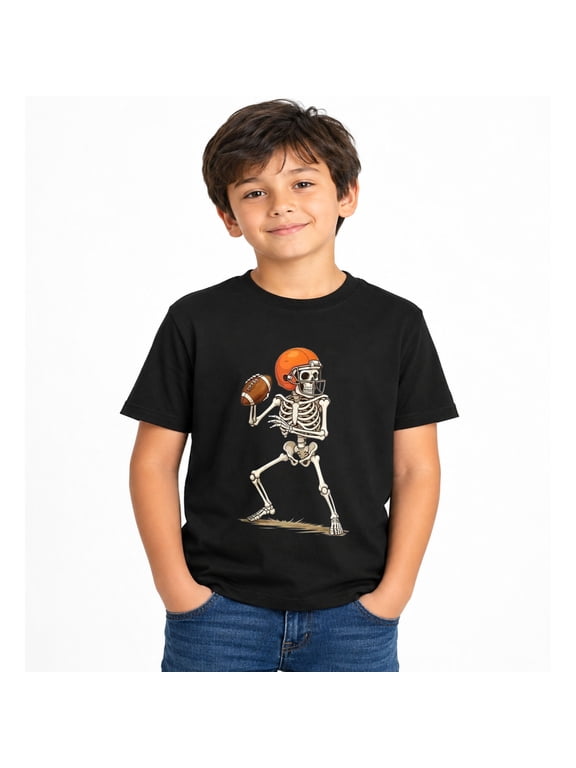 Boys Halloween Skeleton Football Player Graphic T-Shirt, Cute Spooky Short Sleeve Shirt for Seasonal Wear