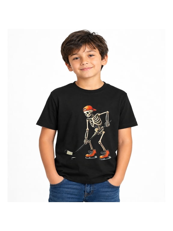 Boys Halloween Skeleton Hockey Player Graphic T-Shirt, Cute Spooky Short Sleeve Shirt for Seasonal Wear