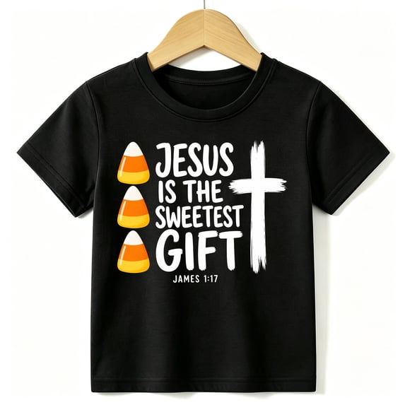 Boys Halloween T-Shirt Christian Bible Verse Jesus Is The Sweetest Gift Candy Corn Cross Tee Black, Kids 4-13Y