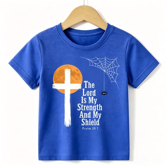Boys Halloween T-Shirt Christian Bible Verse Spider Web Cross Graphic Tee Blue, Kids 4-13Y