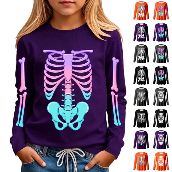 Boys Halloween Tshirts Long Sleeve Crewneck Skeleton Print Top Skeleton Halloween Cosplay Halloween Girl Size 3-14 Years