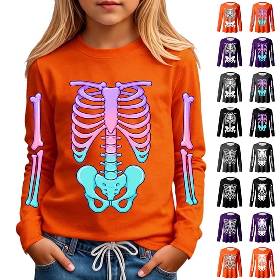 Boys Halloween Tshirts Long Sleeve Crewneck Skeleton Print Top Skeleton Halloween Party Clothes Girl for Halloween Size 3-14 Years