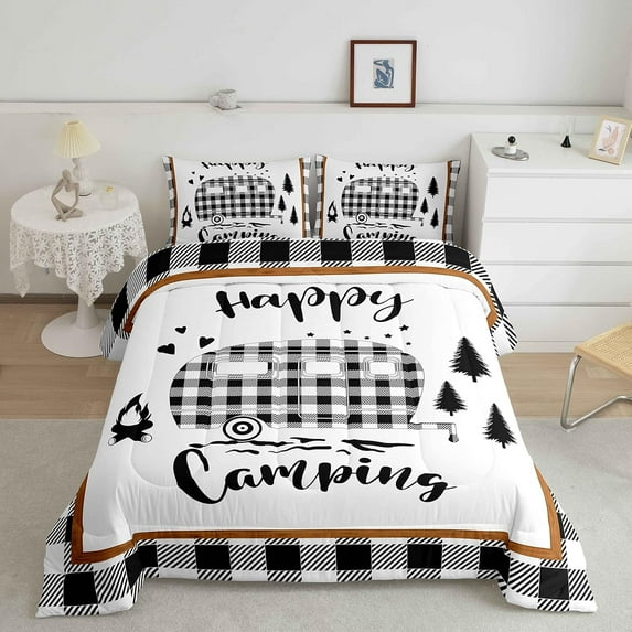 Happy Camping Comforter Set Camper Decor All Season Bedding Set Teens Rustic Farmhouse Comforter Camping Car Decor Geometric Quilt Set Bedroom Collection,White Black