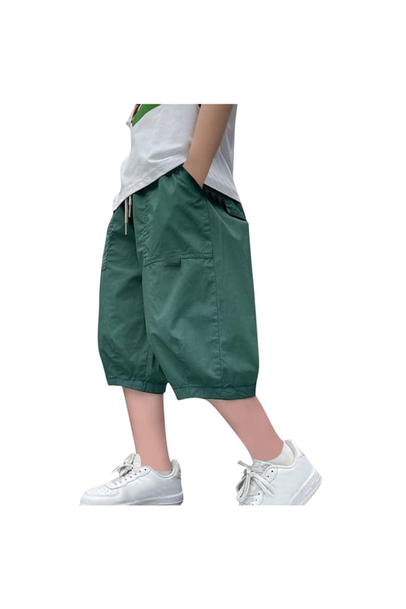 Boys Harem Capris Baggy Wide Leg Capri Pants Loose Casual Cotton Comfy Crop Trousers Drawstring Waist 12 Years, Army Green