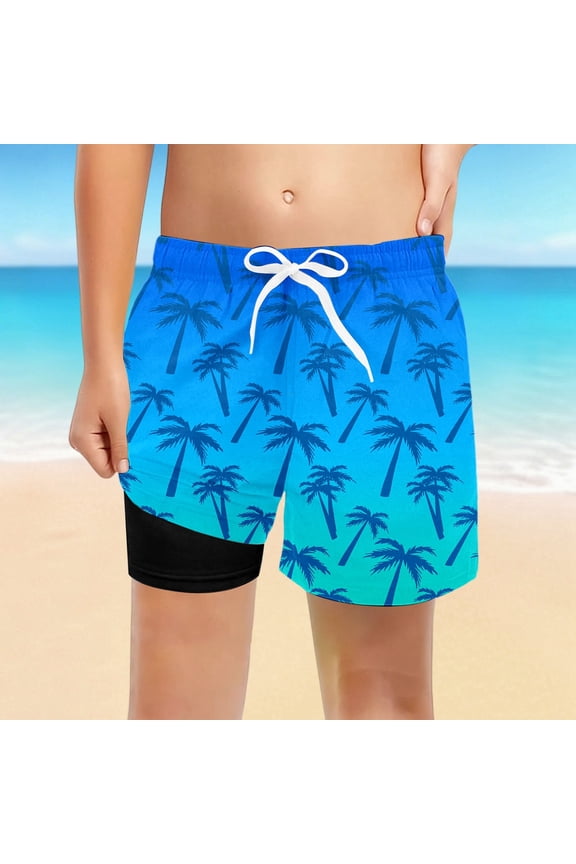 Boys Hawaiian Coconut Tree Print Short Swim Trunks Yellow 8 Y-9 Y