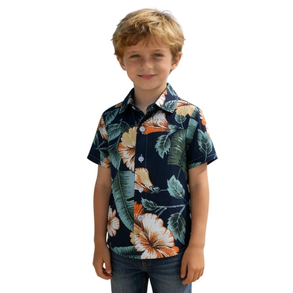 Boys Hawaiian Shirt Print Short Sleeve Button Down Shirt Cotton Casual Tropical Beach Summer Tops for Kids 0-9 Years