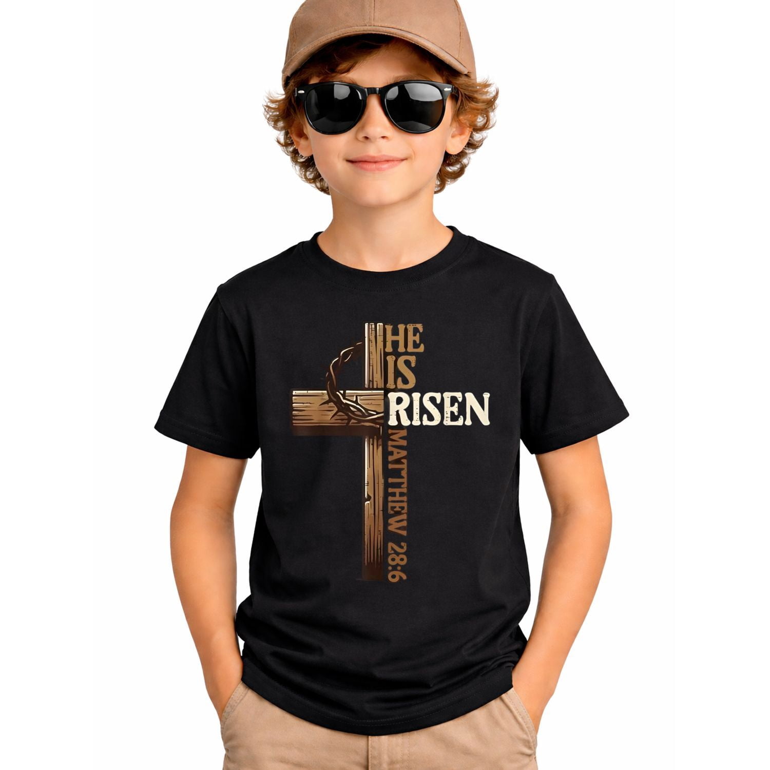 Boys He Is Risen Cross T-Shirt, Christian Easter Bible Verse Shirt ...
