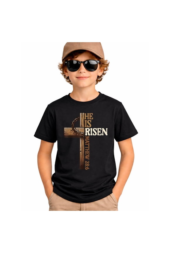 Boys He Is Risen Cross T-Shirt, Christian Easter Bible Verse Shirt