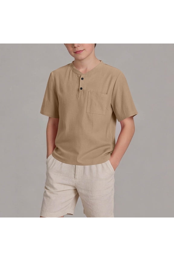 Boys Henley Shirt Khaki Short Sleeve | Quick Dry Moisture Wicking T-Shirt for Kids | Relaxed Fit Polyester Top with Pocket 5-15 Years,Size 11-12 T