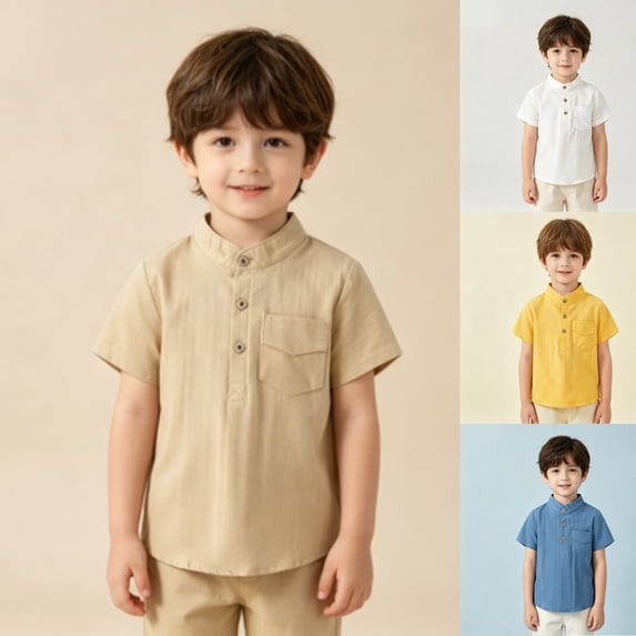 Boys Henley Shirts Stand Collar Short Sleeve Henley Tee School Picnic Kid Solid Summer Top