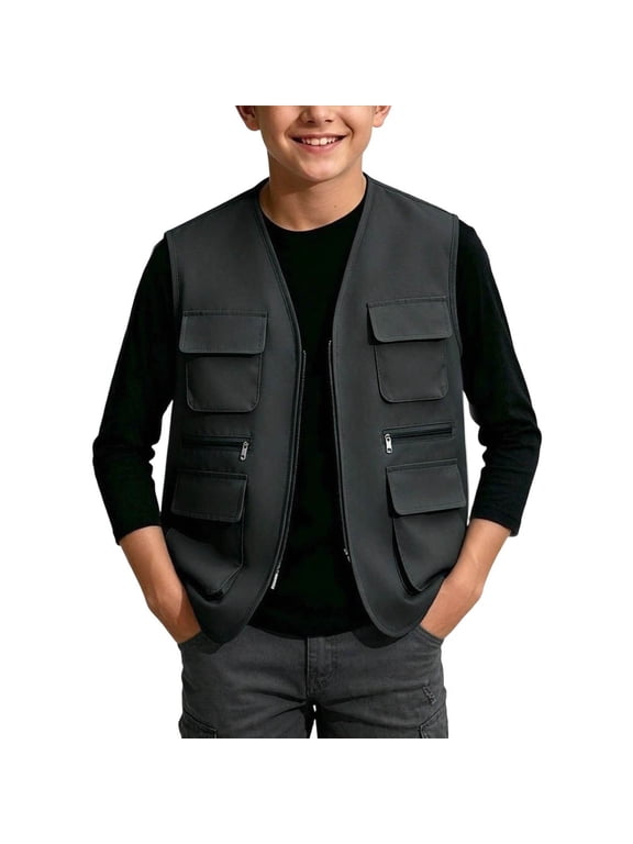 Boys Hiking Cargo Vests Outdoor Fishing Utility Zip-Up Lightweight Sleeveless Jackets Multi Pockets Travel Coats Black, Size 5 Y