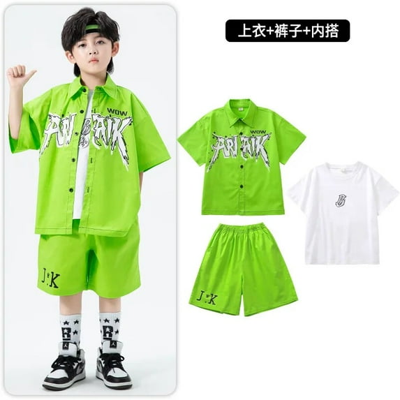 Boys Hip Hop Cool Print Shirt Cargo Pants Girls Street Dance Green Jacket Joggers Clothes Set Child Streetwear Kids Jazz Costume