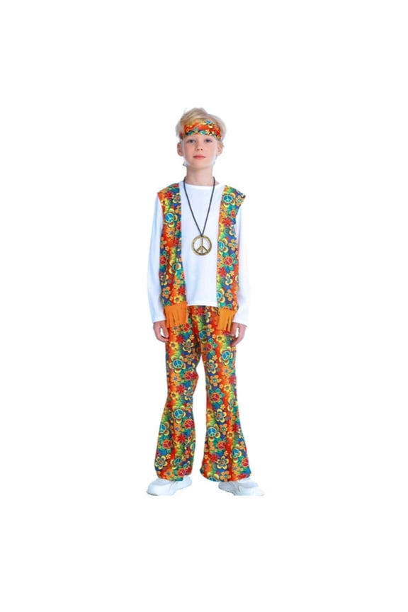Boys Hippie Retro Flared Outfit Set ā Fun 60s 70s Themed cosp^lay cost-ume for Kids Aged 5-12 Years, Complete with Vest, Shirt, Pants and Headband