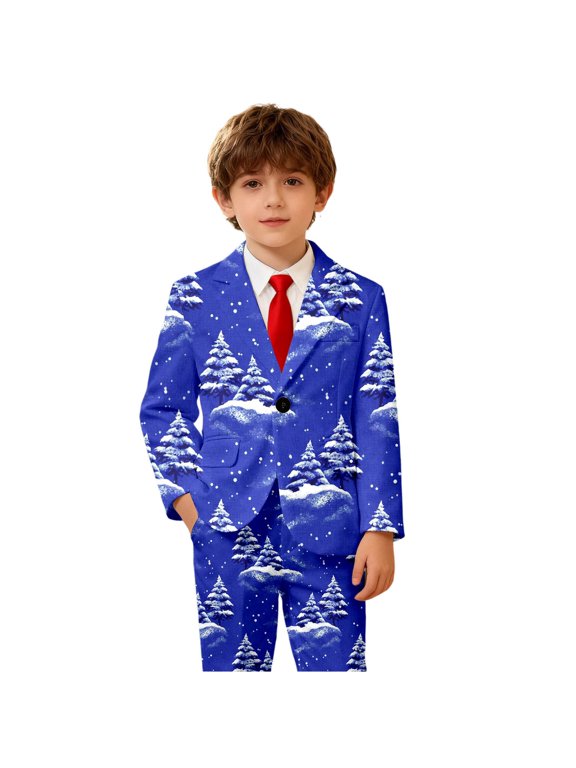 Boys Holiday Snowy Tree Print Suit Blazer Single Long Sleeve Christmas Party Coat 3-4 Years