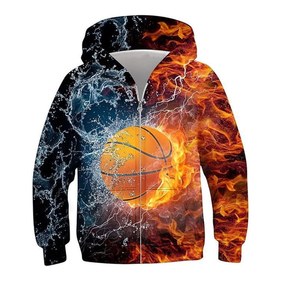 Boys Hooded Basketball Graphic Zip Up Hoodie Long Sleeve Sporty Outerwear Coat 5-6 Years