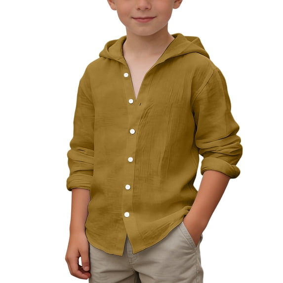 Boys Hooded Button Down Shirt, Long Sleeve Collared Casual Top with Hood for School 4-17 Years