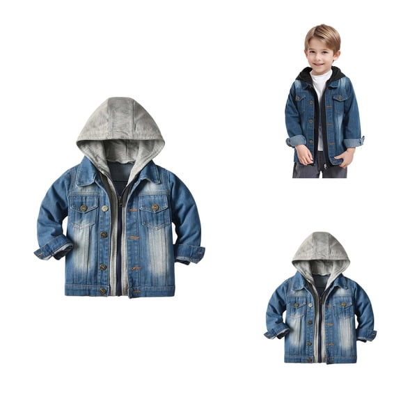 Boys Hooded Denim Jacket with Two-Piece Design – Casual Winter Outerwear Coat for Toddlers & Kids 1-10 Years, Button-Down Lapel, Zipper Closure