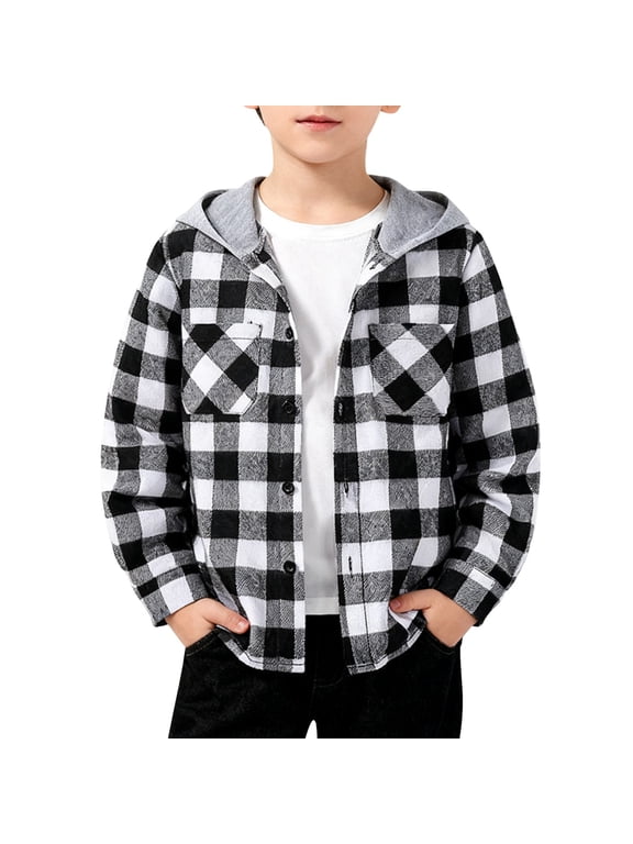 Boys Hooded Flannel Shirt Jacket Kids Buffalo Plaid Button down Shacket for School Holiday Fall Winter Clothes Fashion Coat