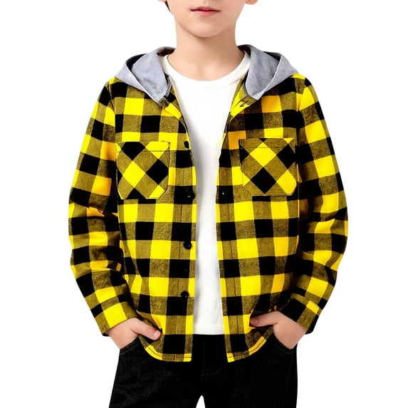 Boys Hooded Flannel Shirt Jacket Kids Buffalo Plaid Button down Shacket for School Holiday Fall Winter Clothes Fashion Coat