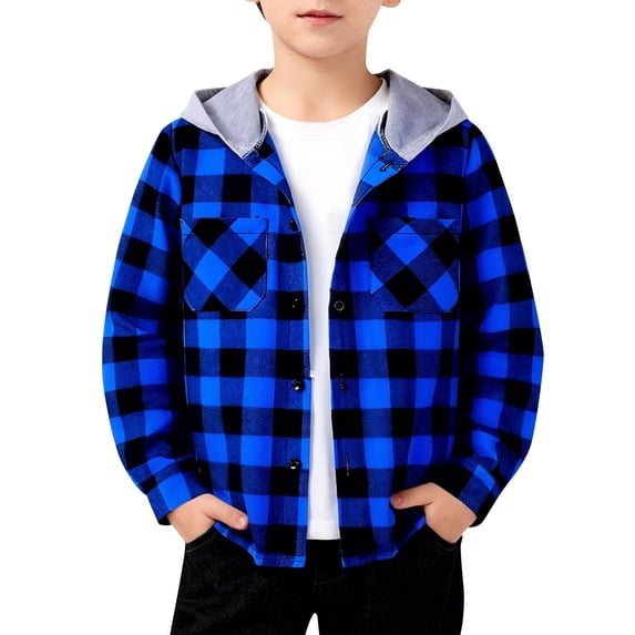 Boys Hooded Flannel Shirt Jacket Kids Buffalo Plaid Button down Shacket for School Holiday Fall Winter Clothes Fashion Coat
