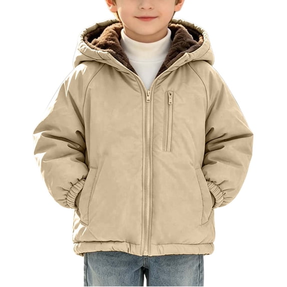 Boys Hooded Fleece‑Lined Winter Jacket, Full Zip‑Up Warm Outer Coat with Pockets, Windproof Kids Outerwear