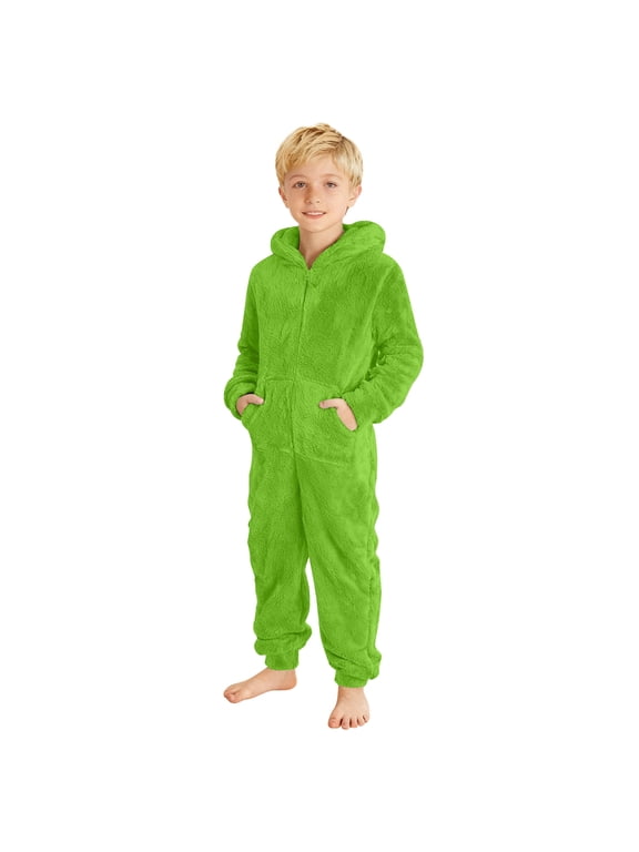 Boys Hooded Jumpsuit Winter Warm Soft Plush One-Pieces Long Sleeve Romper Solid Color With Pockets Toddler Kids Playwear Onesie,B-5Green1,Jumpsuits,7-8 Years