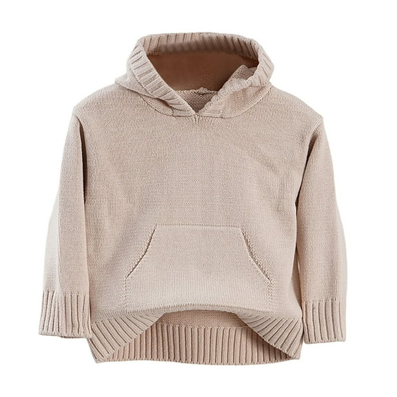 Boys Hooded Knit Sweater Solid Color Soft Casual Pullover Long Sleeve Warm Fleece Lined Adjustable Drawstring Comfortable For Kids Daily Wear Outdoor Play Beige