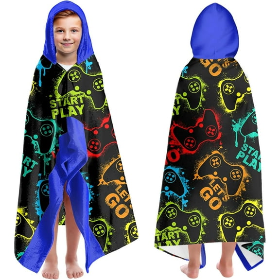 Boys Hooded Large Beach Towels for Kids Ages 7-10 ,Gamepad Theme Kids Hooded Bath Towels Wrap for Toddler Teen Boy 35x60 inch Quick Dry Blue Toddler Towel Boys Perfect for Beach Pool Swimming