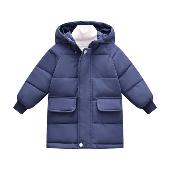Boys' Hooded Padded Coat 2-11 Years Thicken Warm Quilted Winter Jacket Mid-Length Parka with Flap Pockets