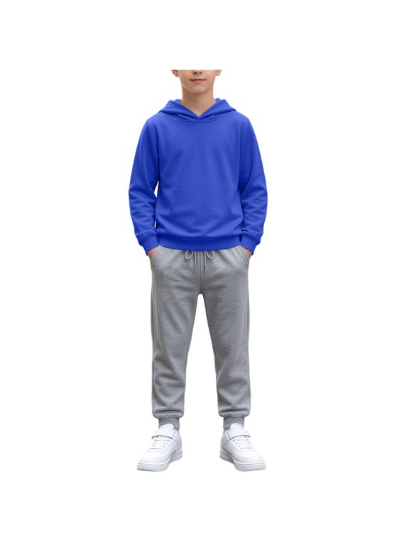 Boys Hooded Pants Tracksuits Set 2 Piece Hooded Sweatshirt and Jogger Pants Pullover Sweatsuit Fall Winter Outfits 1-15 Years Blue-A