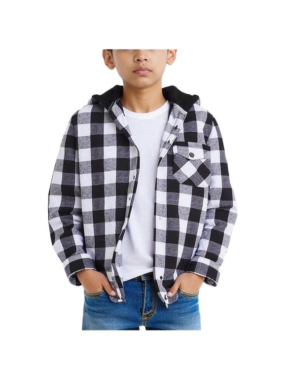 Boys Hooded Shirts Long Sleeve Button Down Plaid Jackets Spring Autumn Casual Versatile Layering Outerwear for Kids