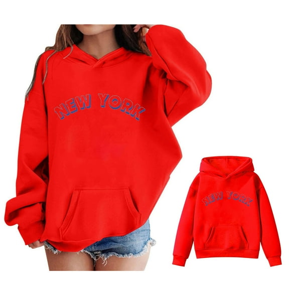 Hoodies for Girls Kids City Name Letter Print Red Hooded Long Sleeve Pullover Tops Fall Winter Clothes Girls Hoodies Size 5-6 Years