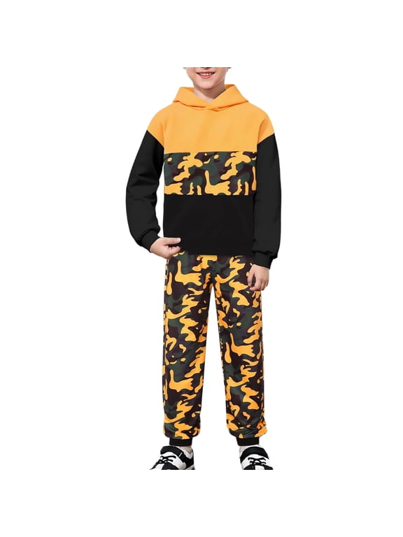 Boys Hoodie Color Block Camo Jogger Pants Set Two Piece Outfit Top Casual Kids Fall Winter Wear