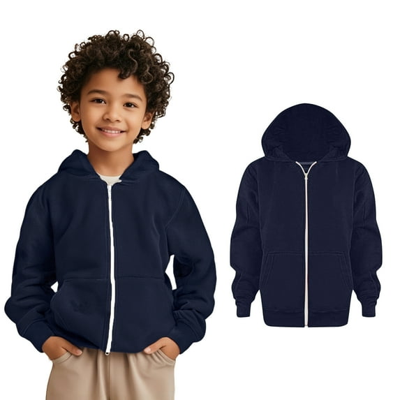 Boys Hoodie Dark Blue Full Zip Up Hoodies Long Sleeve Soft Sweatshirts Top Winter Clothes Girls Size 7-8 Years Clothes Boys Girls Fashion