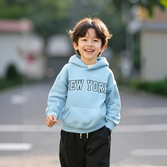 Boys Hoodie Kids City Name Letter Print Sky Blue Hooded Long Sleeve Pullover Hoodie Sweatshirt Winter Clothes 5-6 Years Toddler Girl Clothes