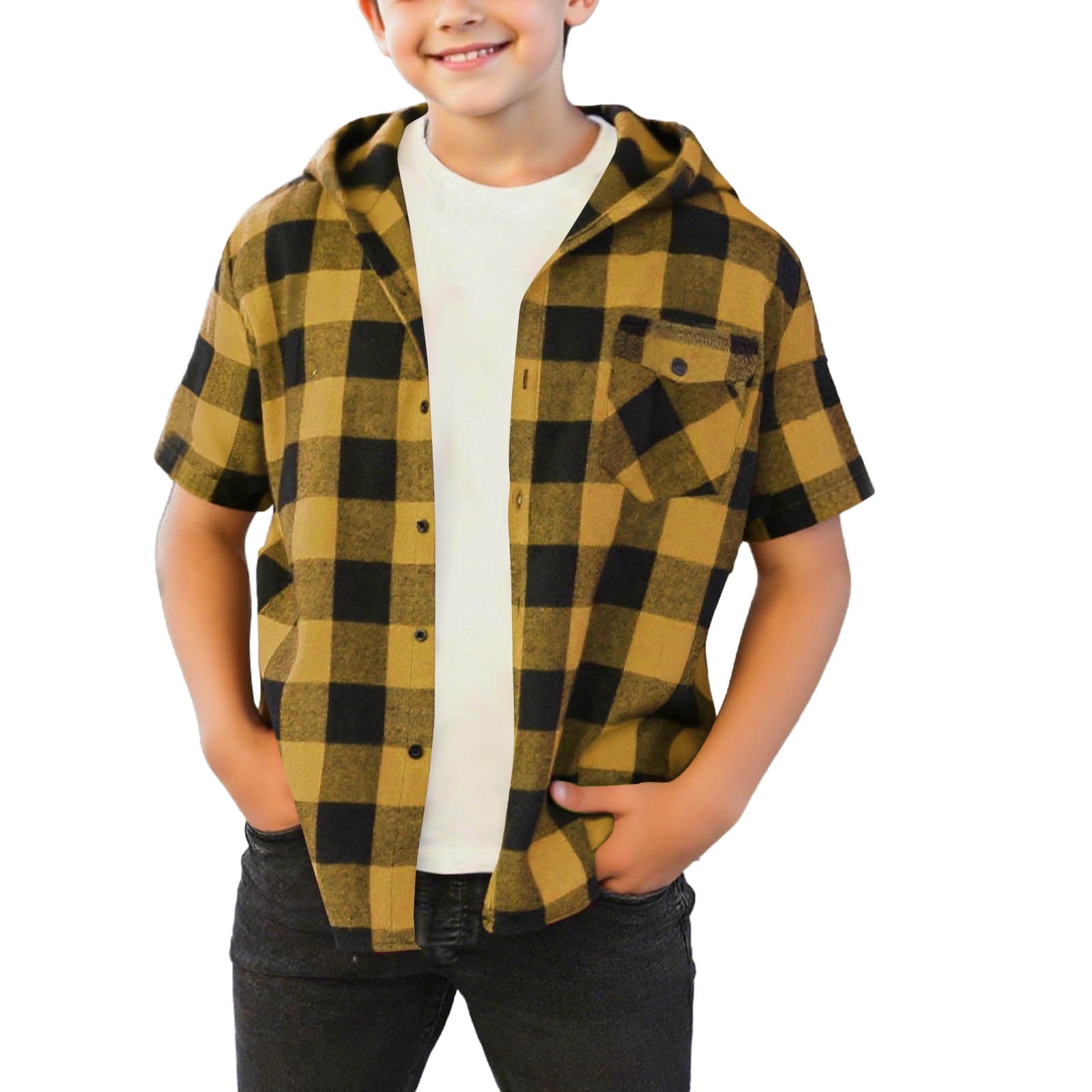 Boys Hoodie Plaid Button Down Short Sleeve Shackets with Hood Chest ...