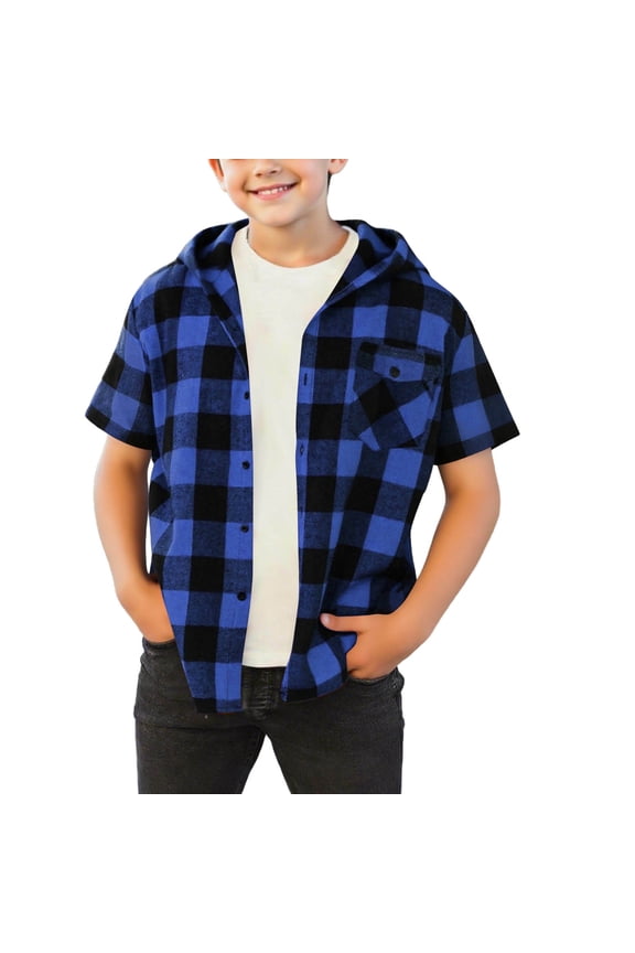 Boys Hoodie Plaid Button Down Short Sleeve Shackets with Hood Chest Pocketed Kids Casual Summer Jacket Top (8-9 Years, Blue)