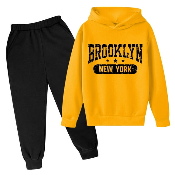 Boys Hoodie Sets Size 6 Long Sleeve Print New York Hoodie Sweatshirt   Pants Sets Regular Fit Boys Fall Winter Outfits Set,Z1-Yellow,9-10 Years